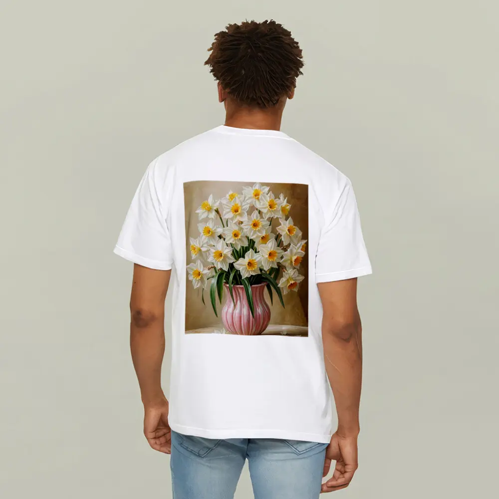 White Daffodils Pink Vase Warm Beige Background – T-Shirts