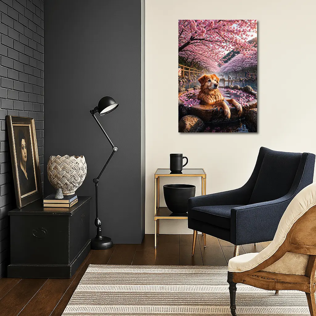 Golden Retriever Soaking in Cherry Blossom Onsen – Wall Art
