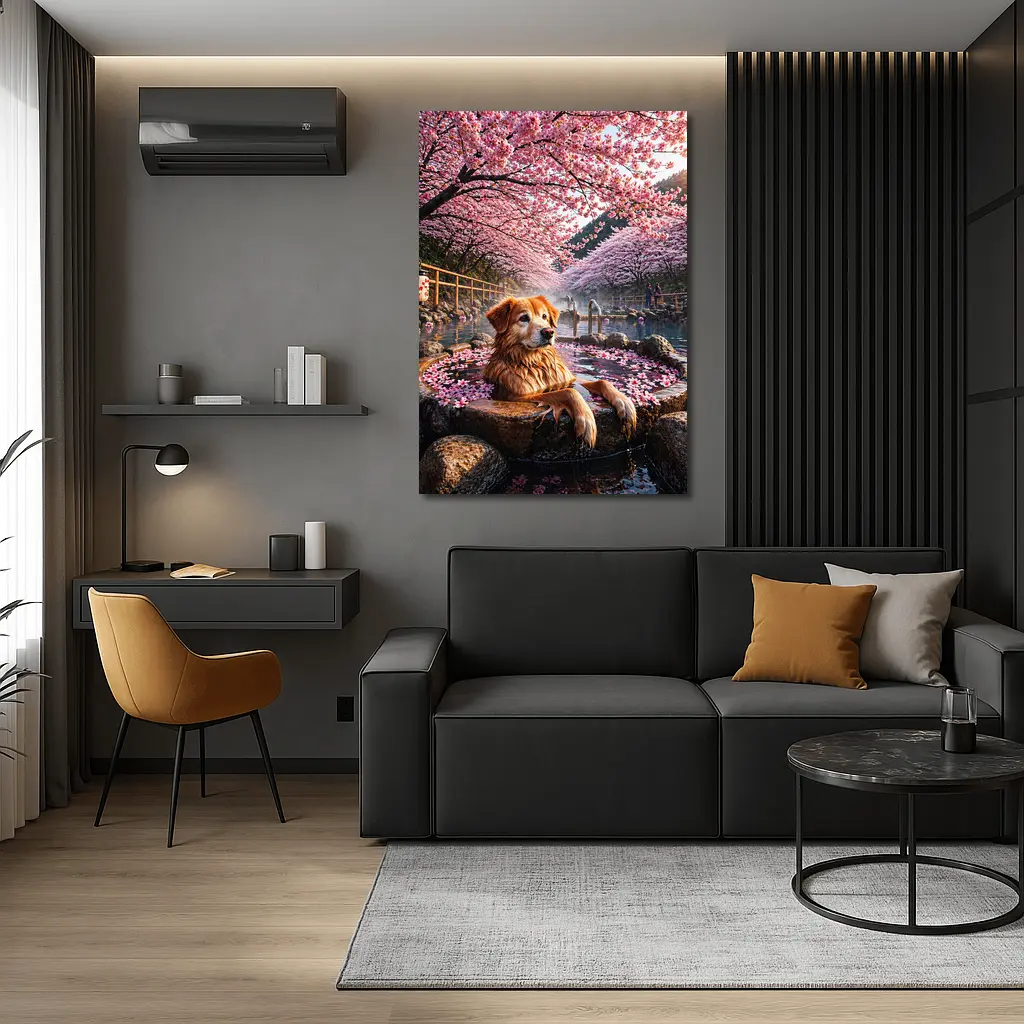 Golden Retriever Soaking in Cherry Blossom Onsen – Wall Art
