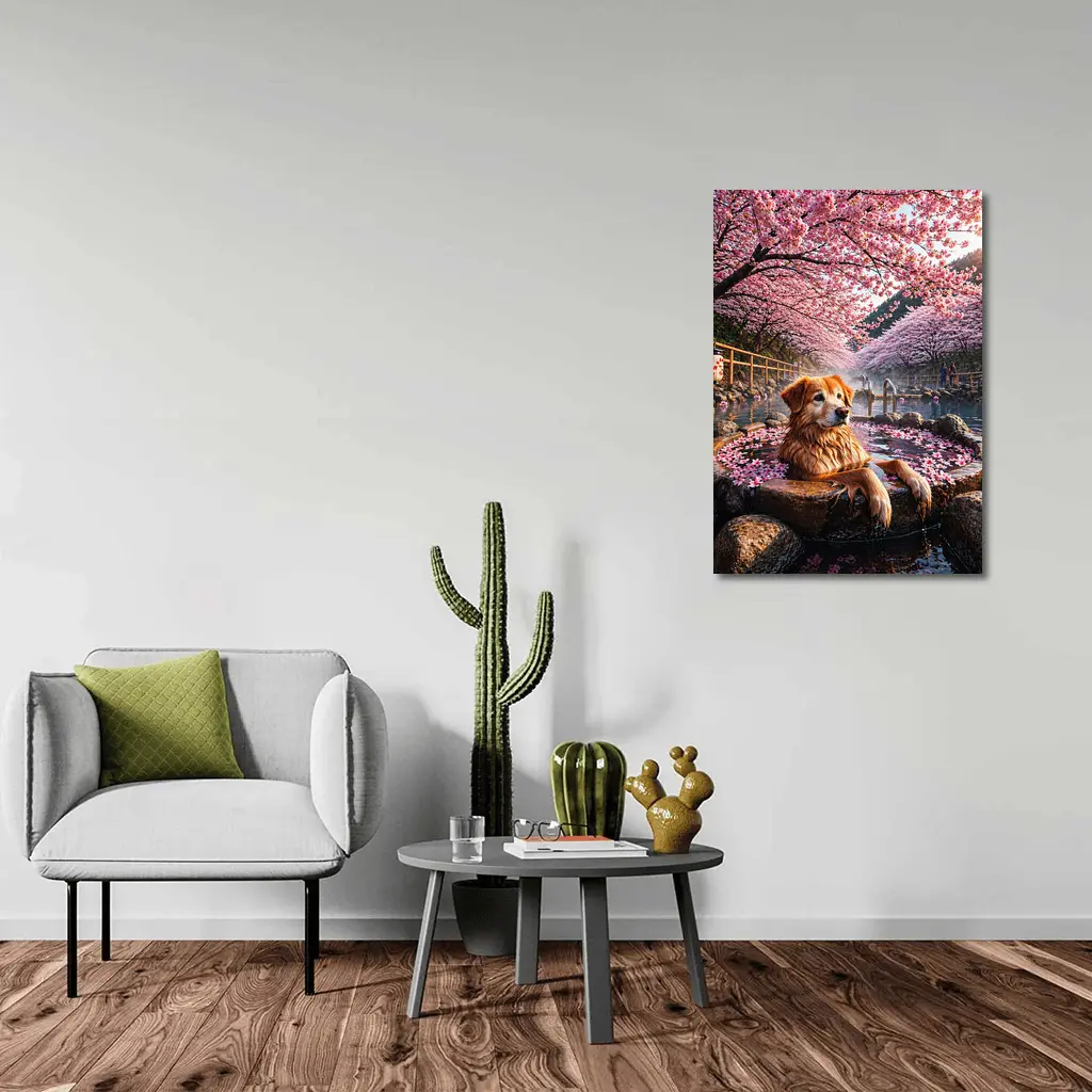Golden Retriever Soaking in Cherry Blossom Onsen – Wall Art