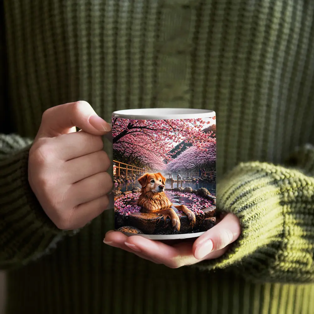 Golden Retriever Soaking in Cherry Blossom Onsen – Mugs