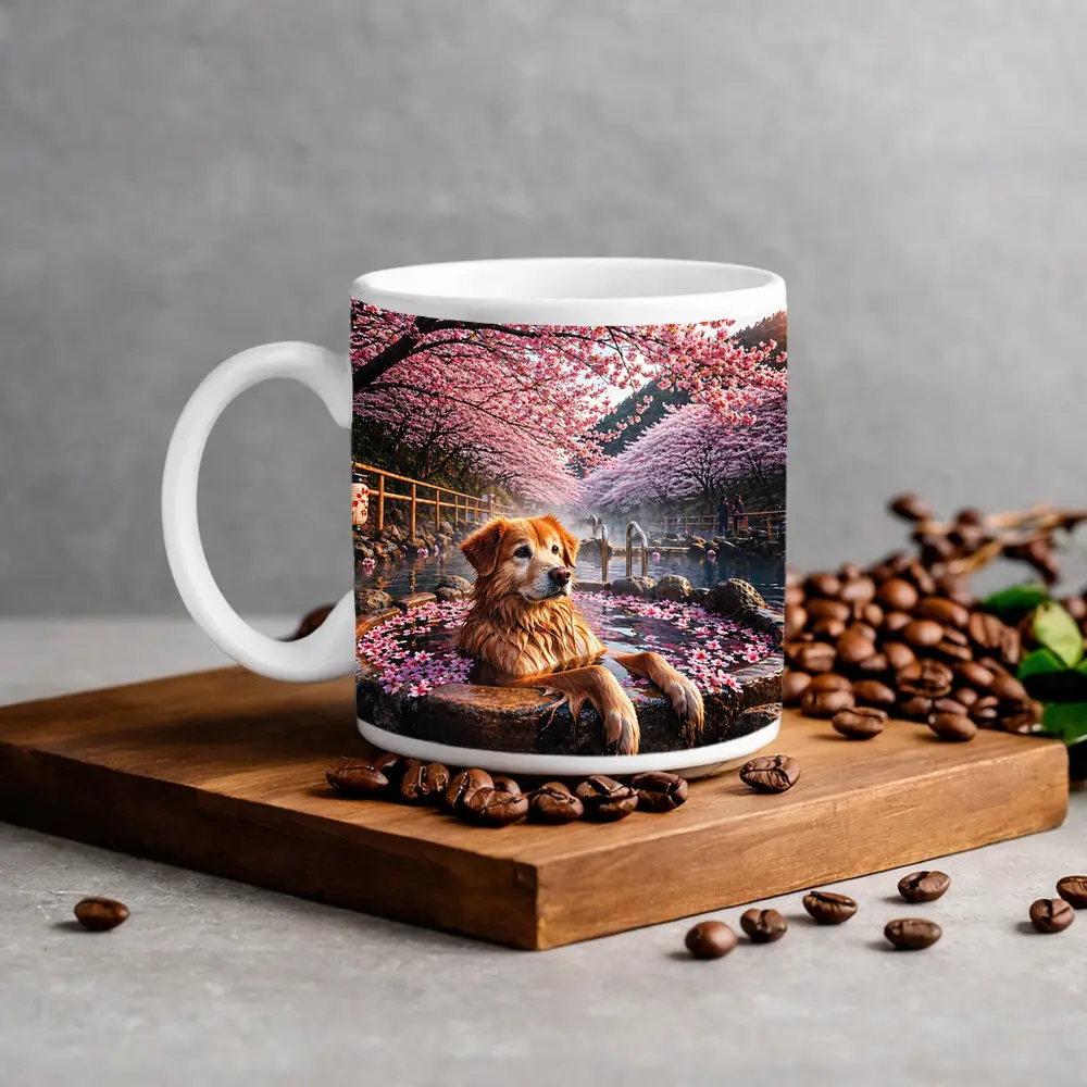 Golden Retriever Soaking in Cherry Blossom Onsen – Mugs