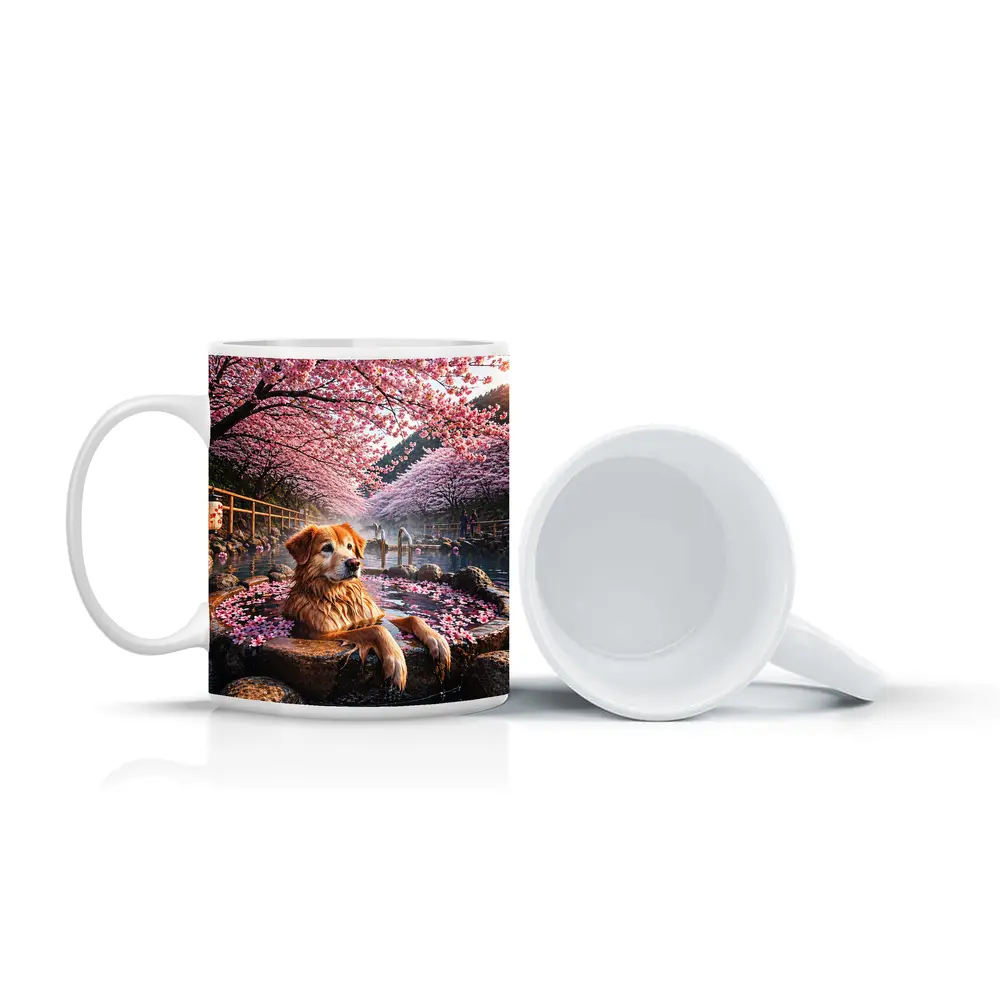 Golden Retriever Soaking in Cherry Blossom Onsen – Mugs