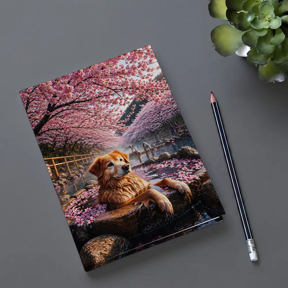 Golden Retriever Soaking in Cherry Blossom Onsen – Notebooks
