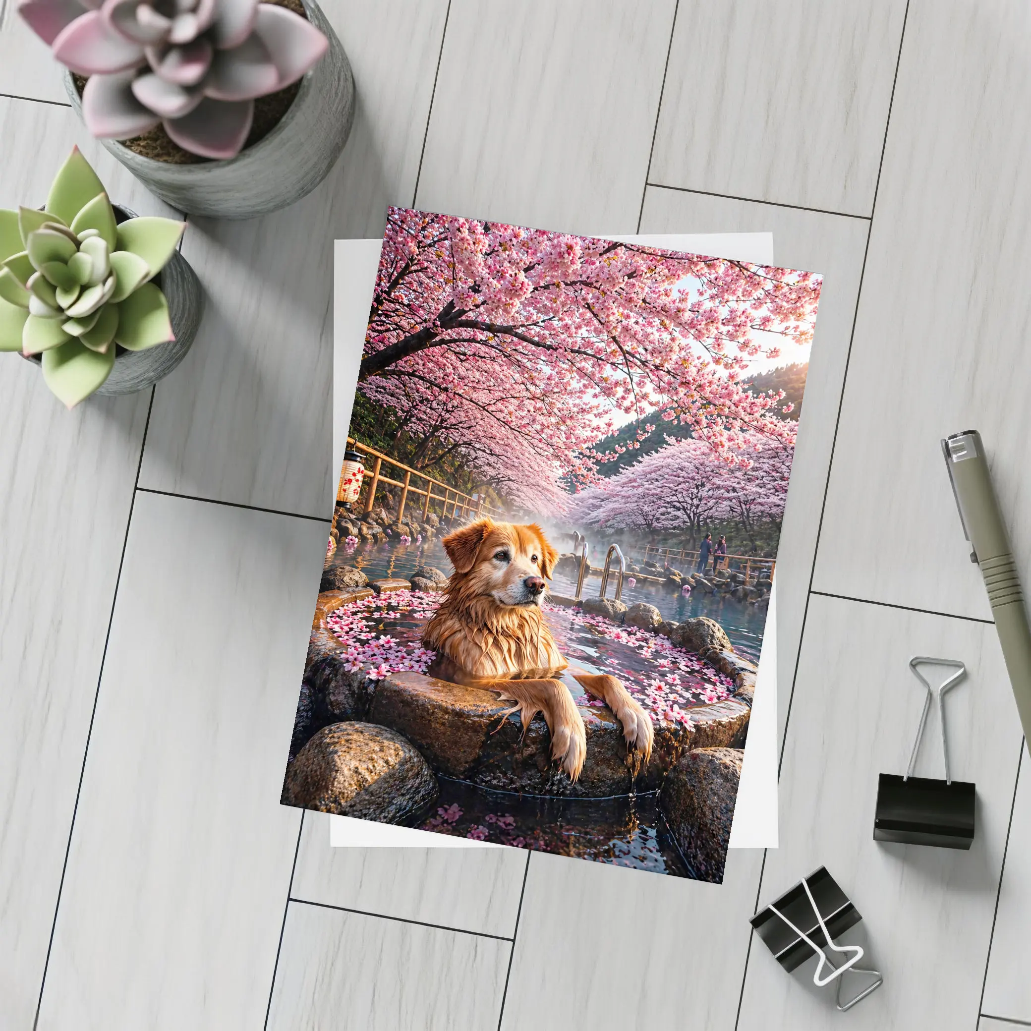 Golden Retriever Soaking in Cherry Blossom Onsen – Postcards