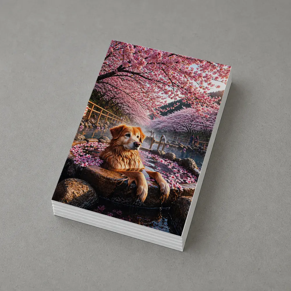 Golden Retriever Soaking in Cherry Blossom Onsen – Postcards