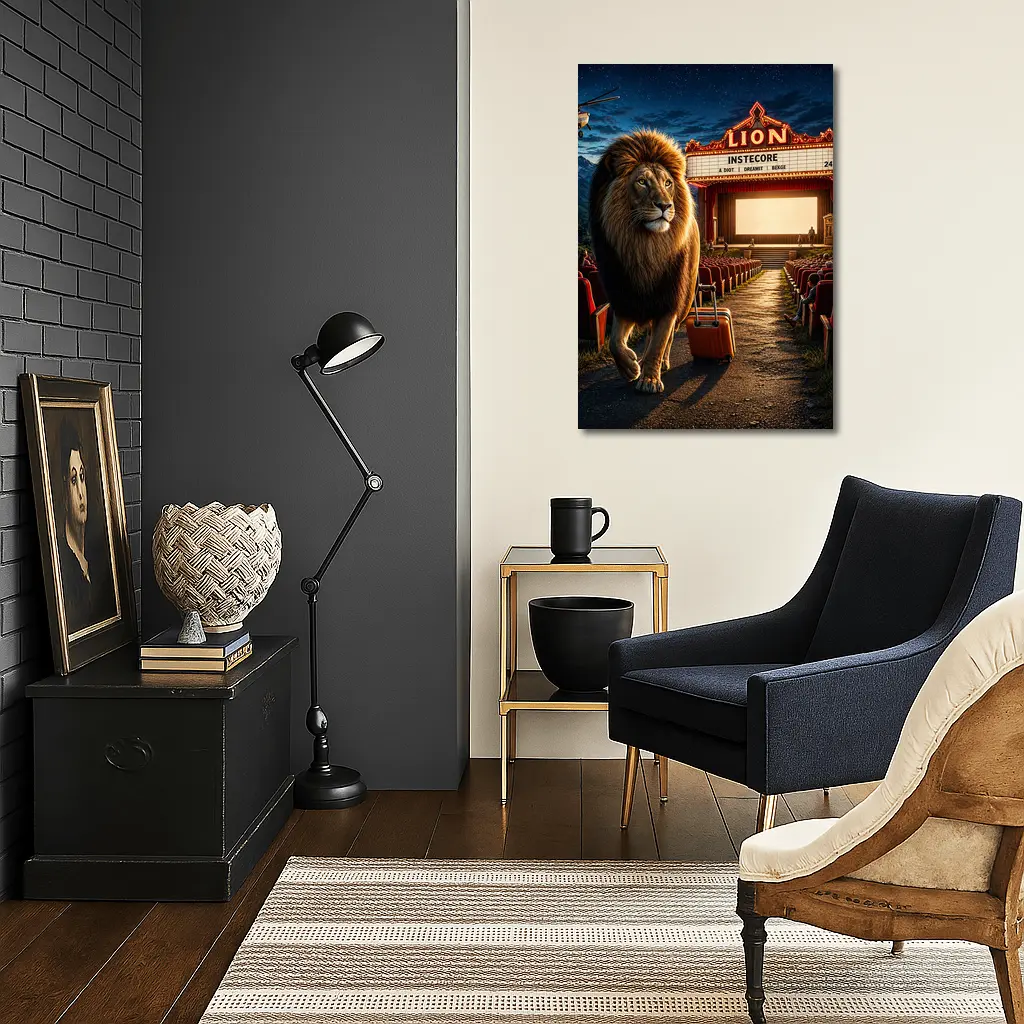 Lion Walking Into Open Air Cinema Night – Wall Art