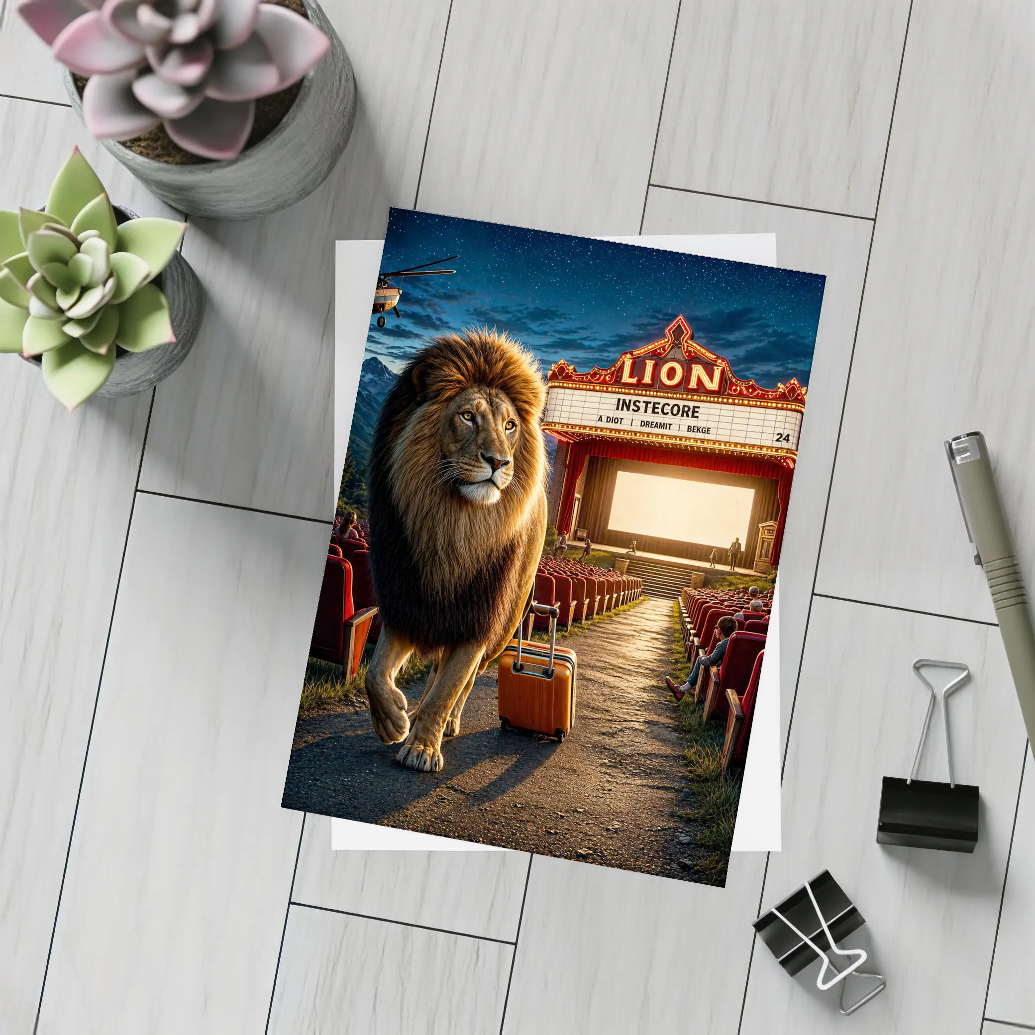 Lion Walking Into Open Air Cinema Night – Postcards