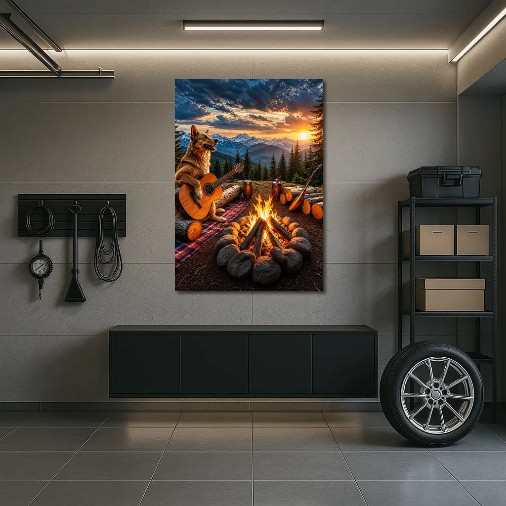 German Shepherd Playing Guitar Mountain Campfire Sunset – Wall Art