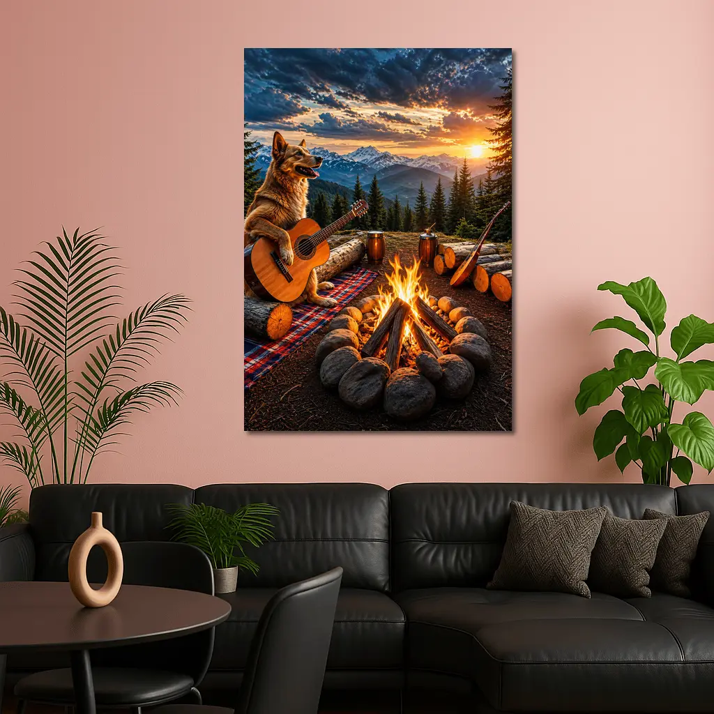 German Shepherd Playing Guitar Mountain Campfire Sunset – Wall Art