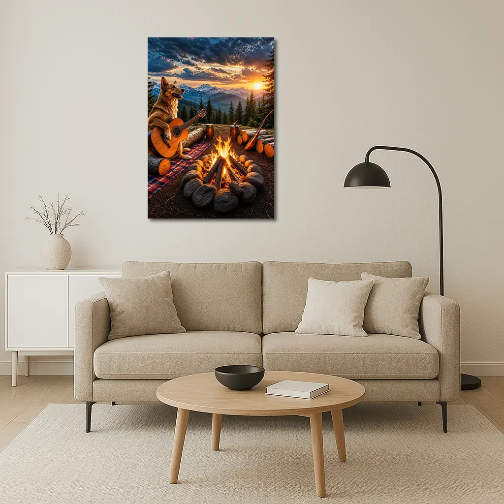 German Shepherd Playing Guitar Mountain Campfire Sunset – Wall Art