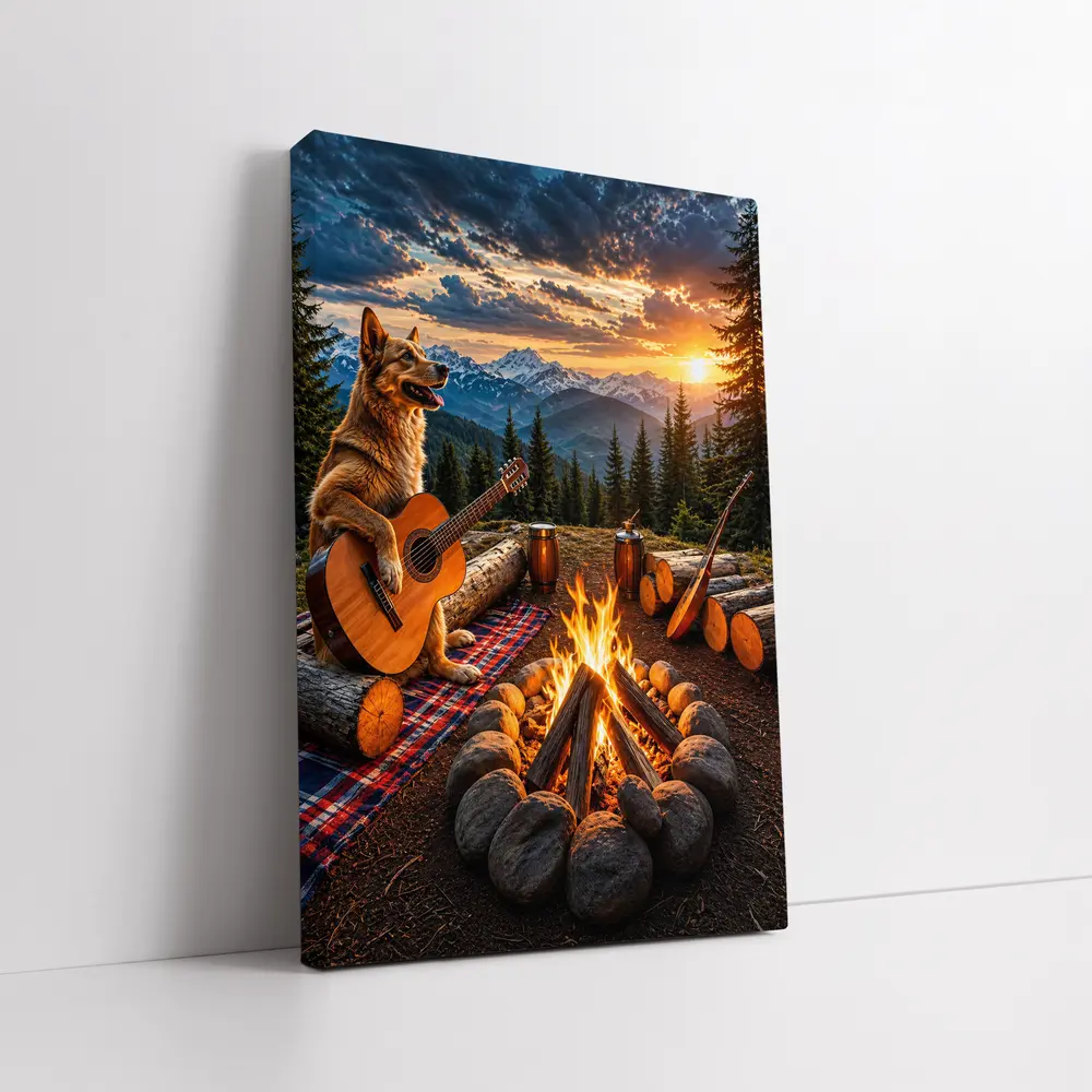 German Shepherd Playing Guitar Mountain Campfire Sunset