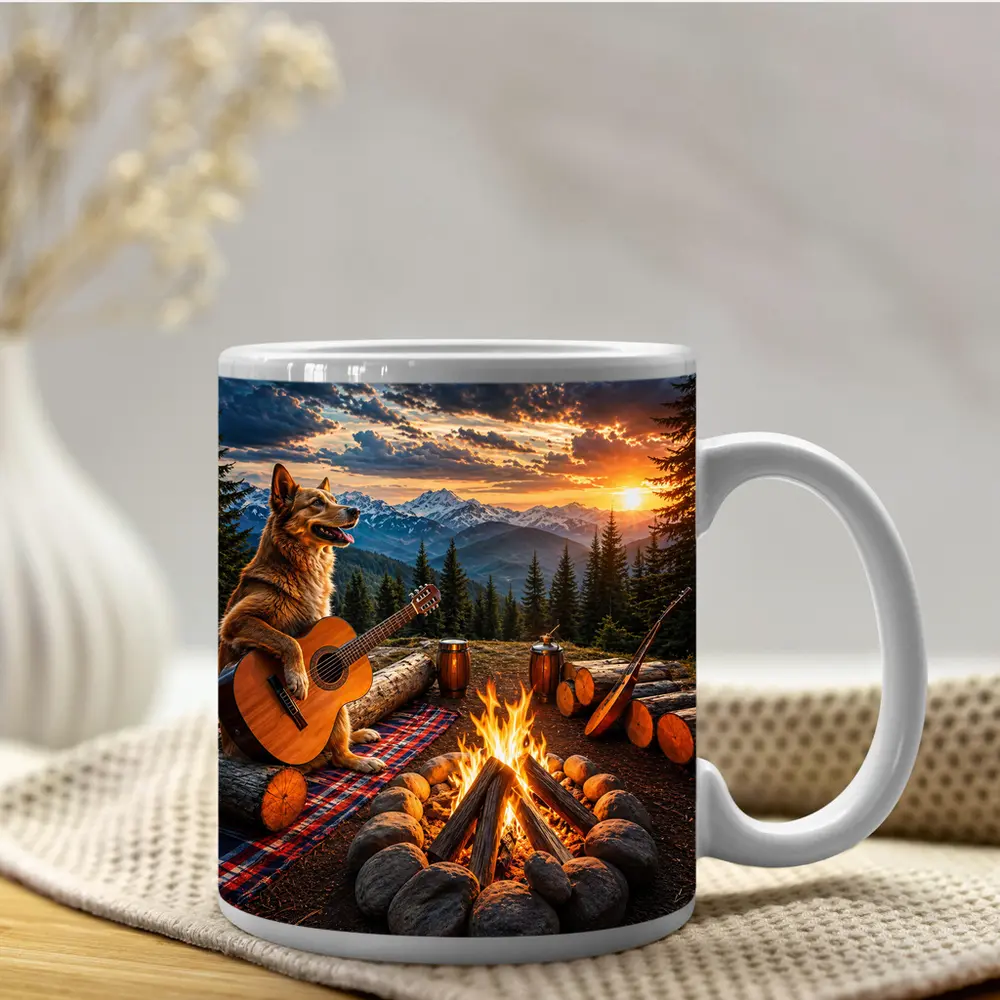 German Shepherd Playing Guitar Mountain Campfire Sunset – Mugs