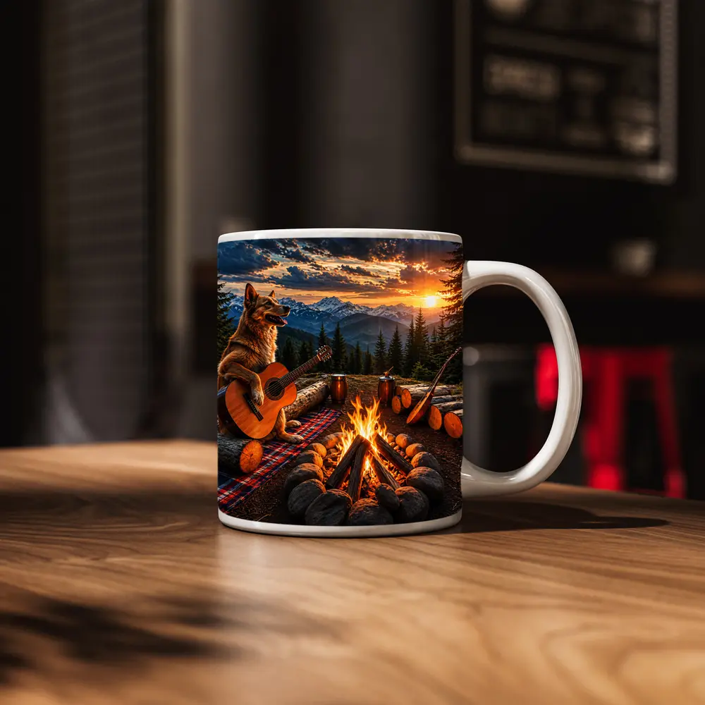 German Shepherd Playing Guitar Mountain Campfire Sunset – Mugs