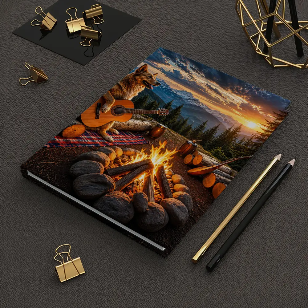 German Shepherd Playing Guitar Mountain Campfire Sunset – Notebooks