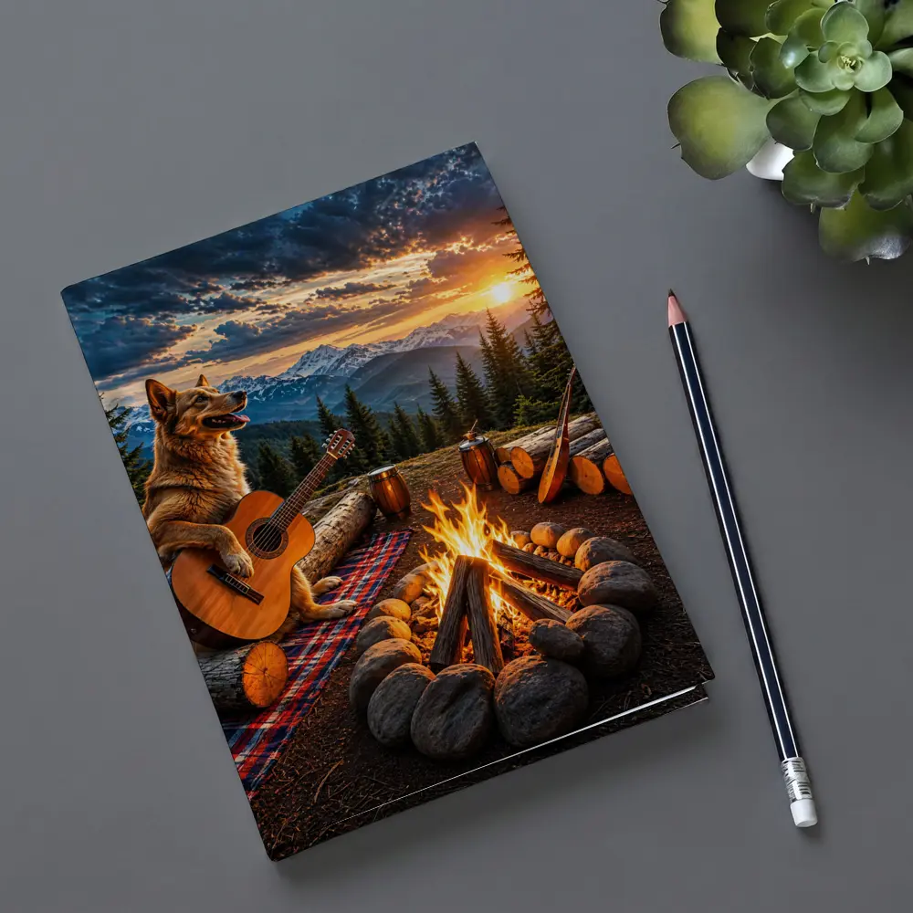 German Shepherd Playing Guitar Mountain Campfire Sunset – Notebooks