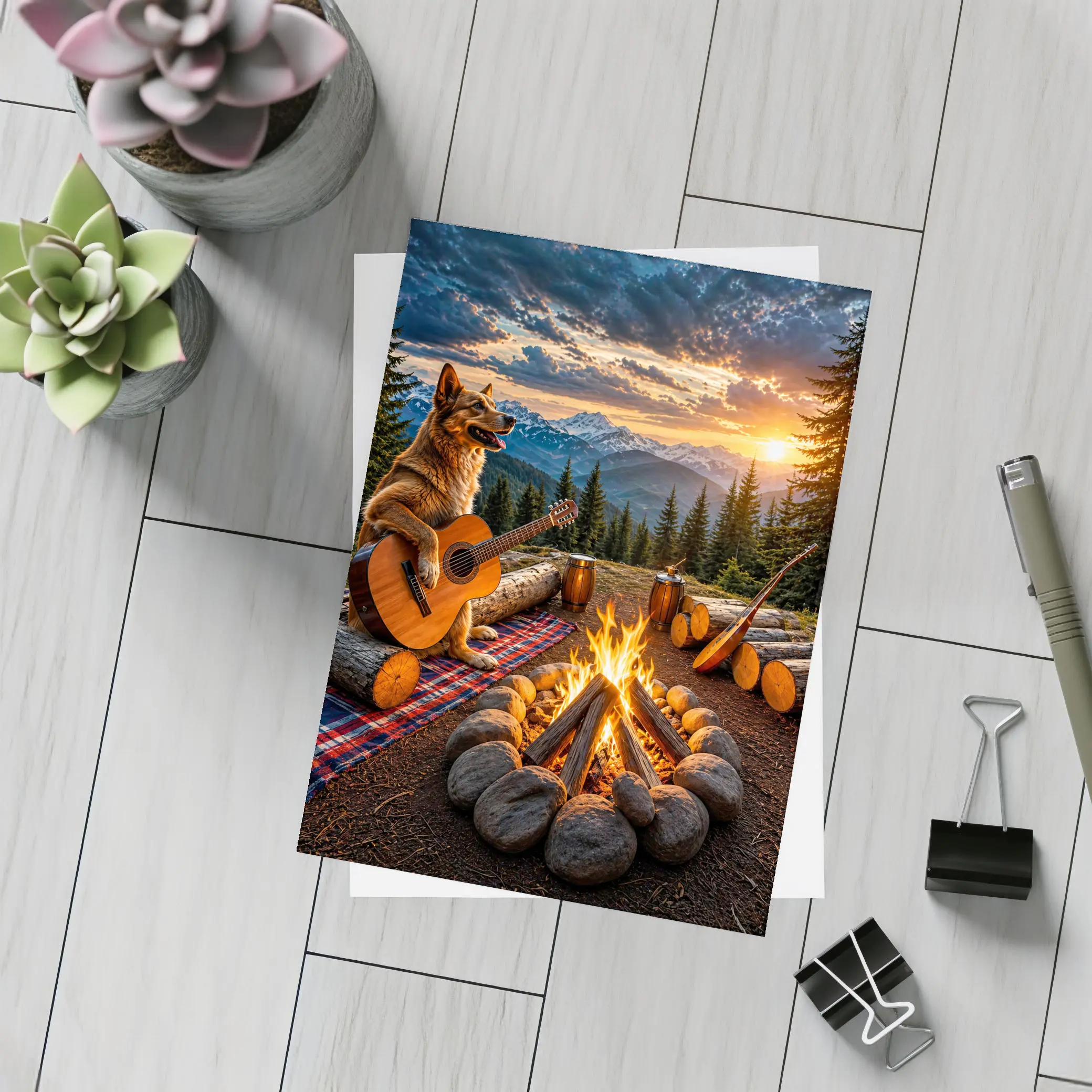 German Shepherd Playing Guitar Mountain Campfire Sunset – Postcards