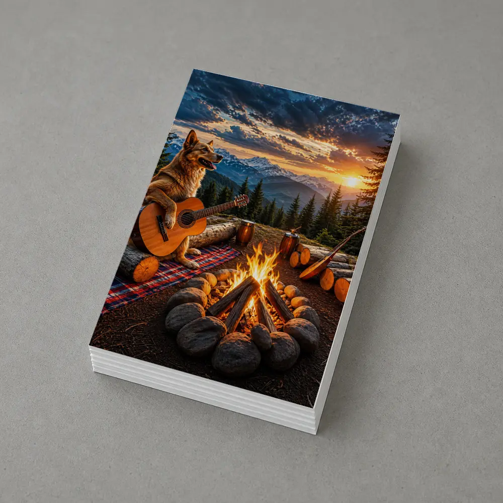 German Shepherd Playing Guitar Mountain Campfire Sunset – Postcards