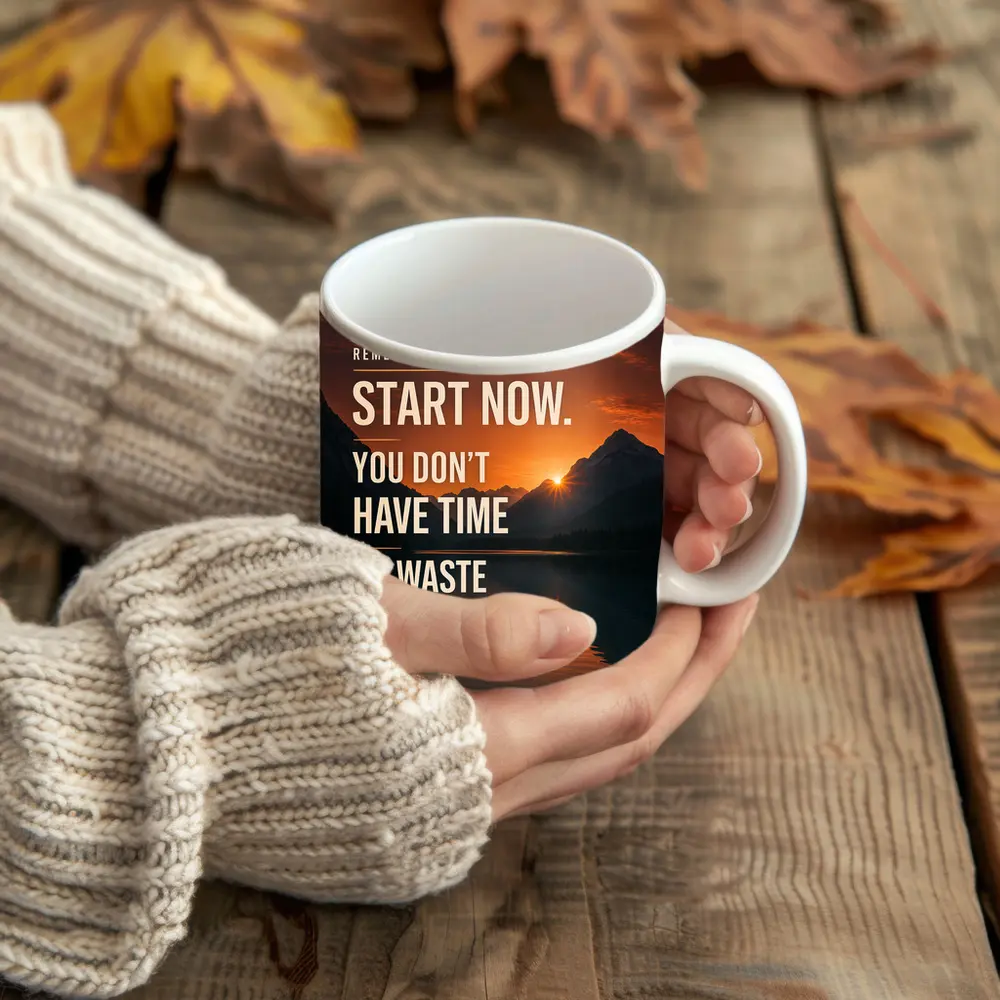 Start Now Motivational Quote Mountain Sunset – Mugs