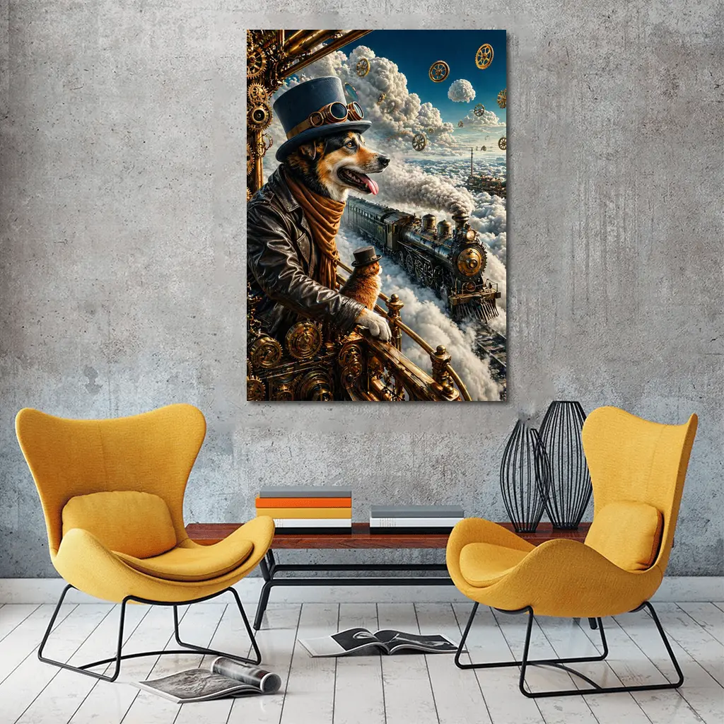 Steampunk Corgi Dog Top Hat Steam Train – Wall Art