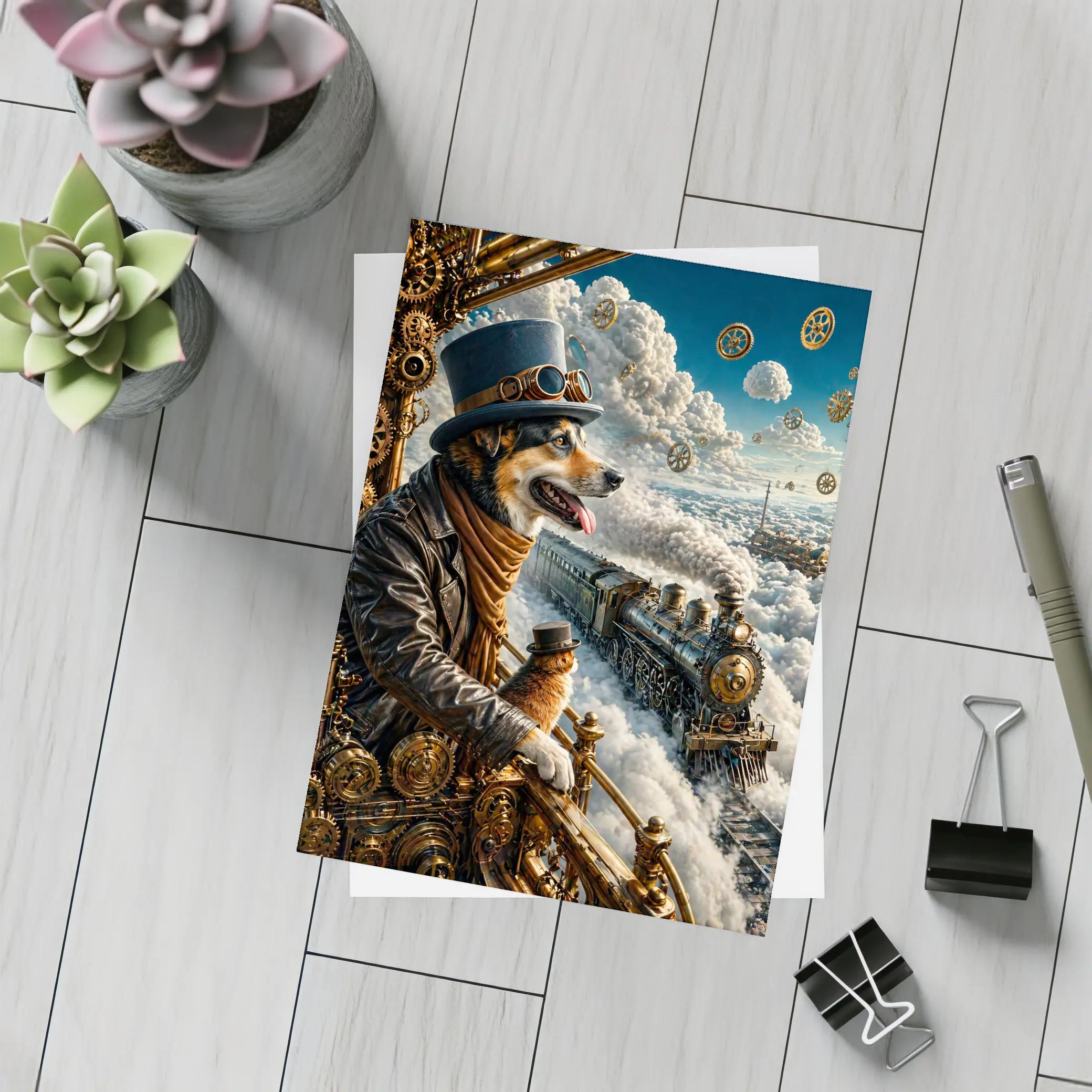 Steampunk Corgi Dog Top Hat Steam Train – Postcards