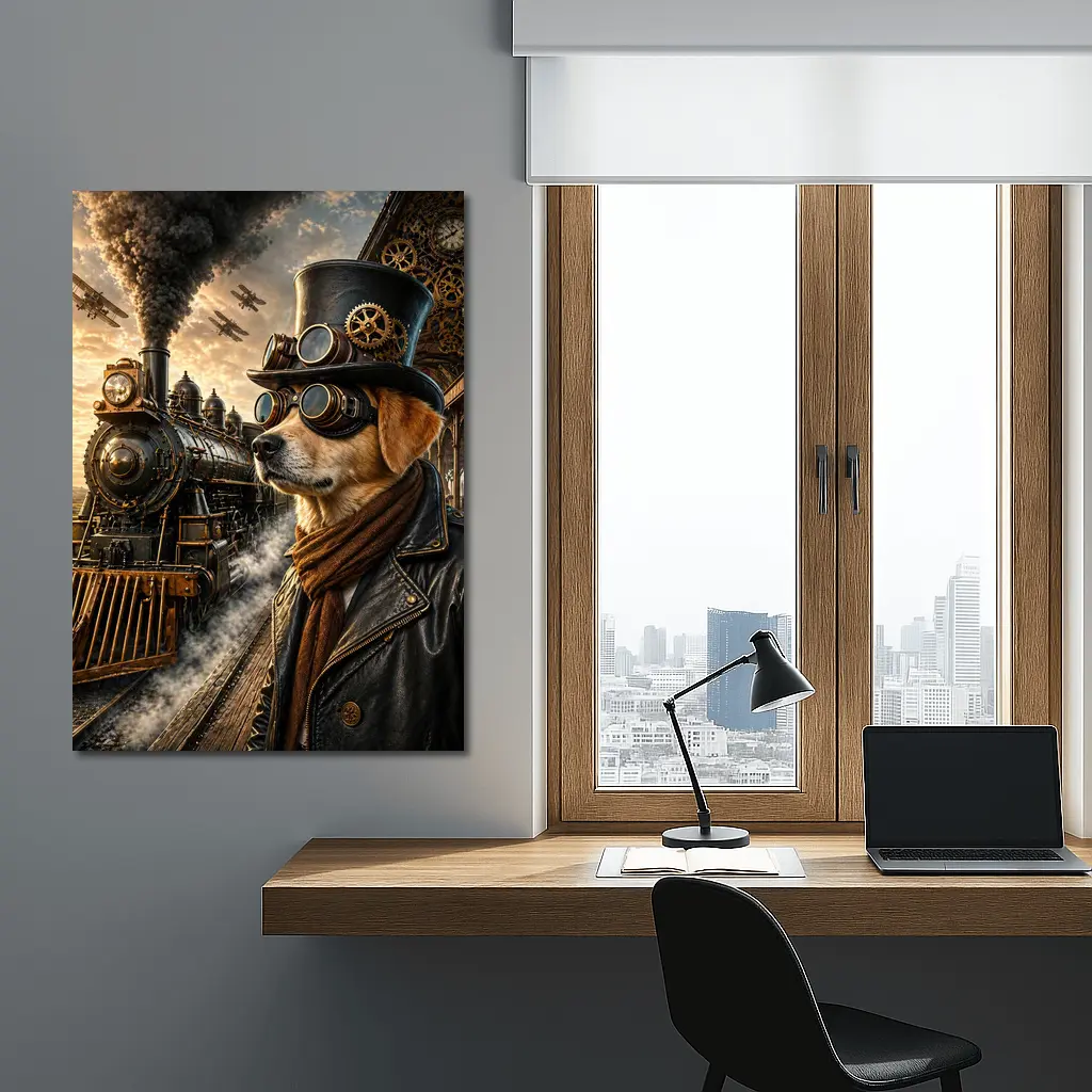 Steampunk Dog Top Hat Goggles Train Station – Wall Art