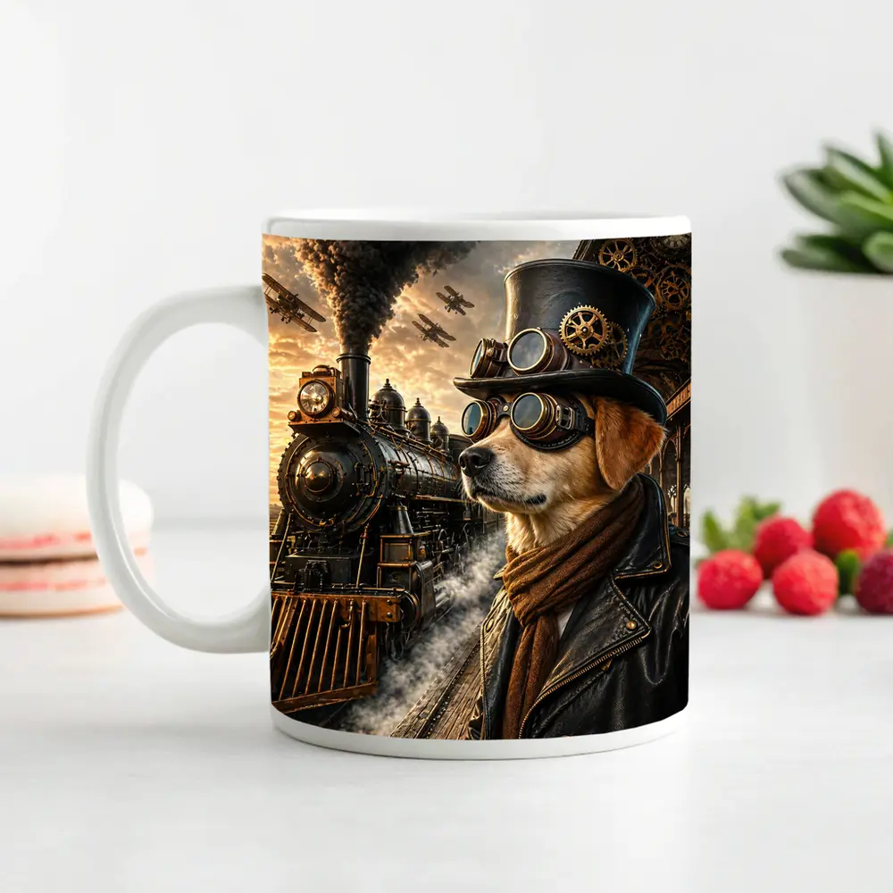 Steampunk Dog Top Hat Goggles Train Station – Mugs