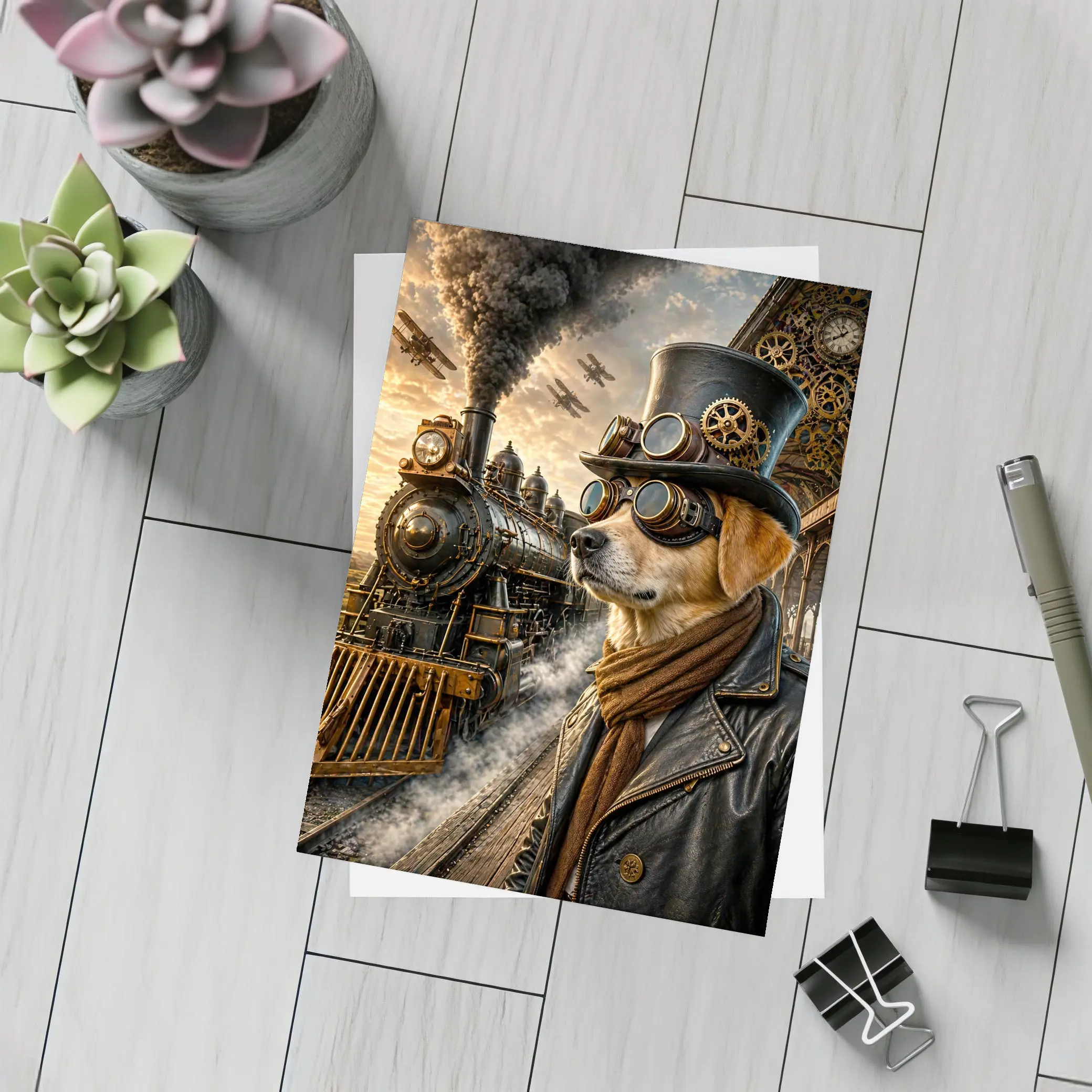 Steampunk Dog Top Hat Goggles Train Station – Postcards