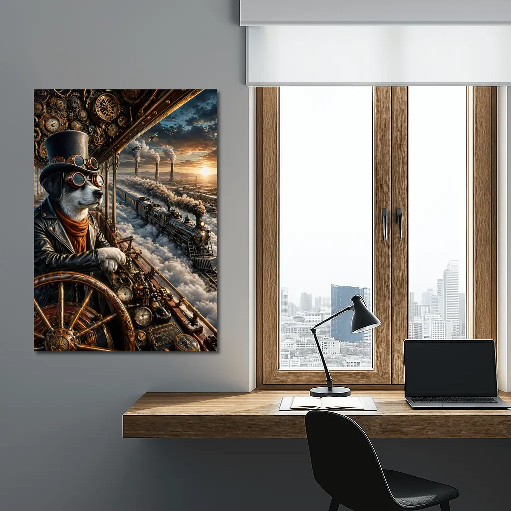 Steampunk Dog Pilot Top Hat Steam Train – Wall Art