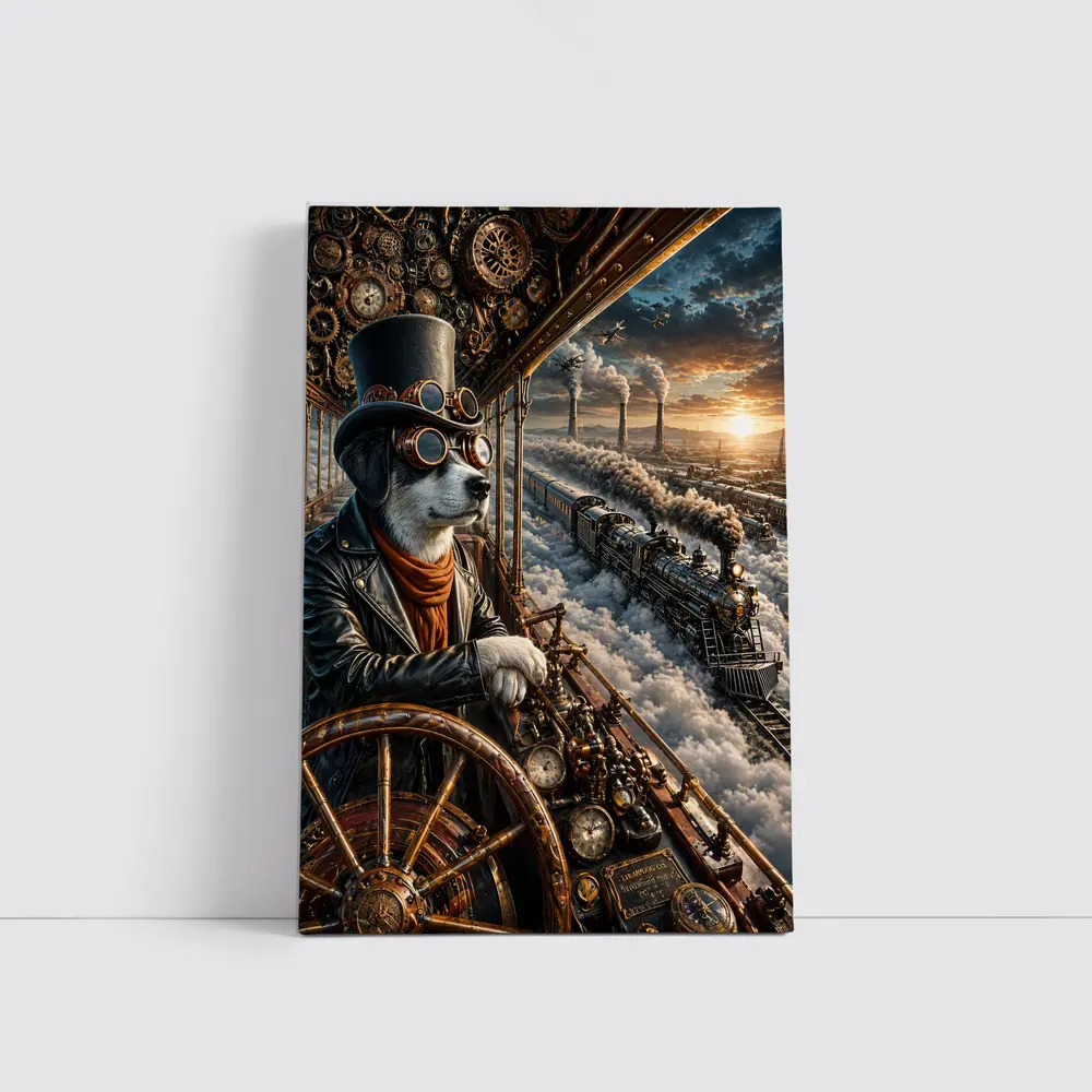 Steampunk Dog Pilot Top Hat Steam Train – Wall Art