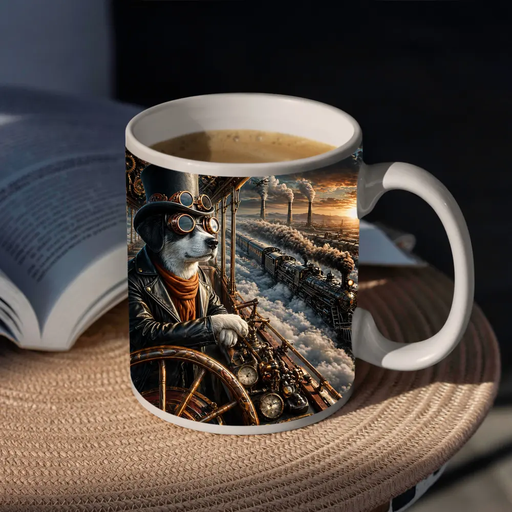 Steampunk Dog Pilot Top Hat Steam Train – Mugs