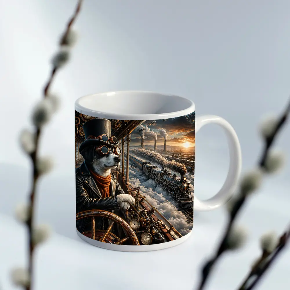 Steampunk Dog Pilot Top Hat Steam Train – Mugs