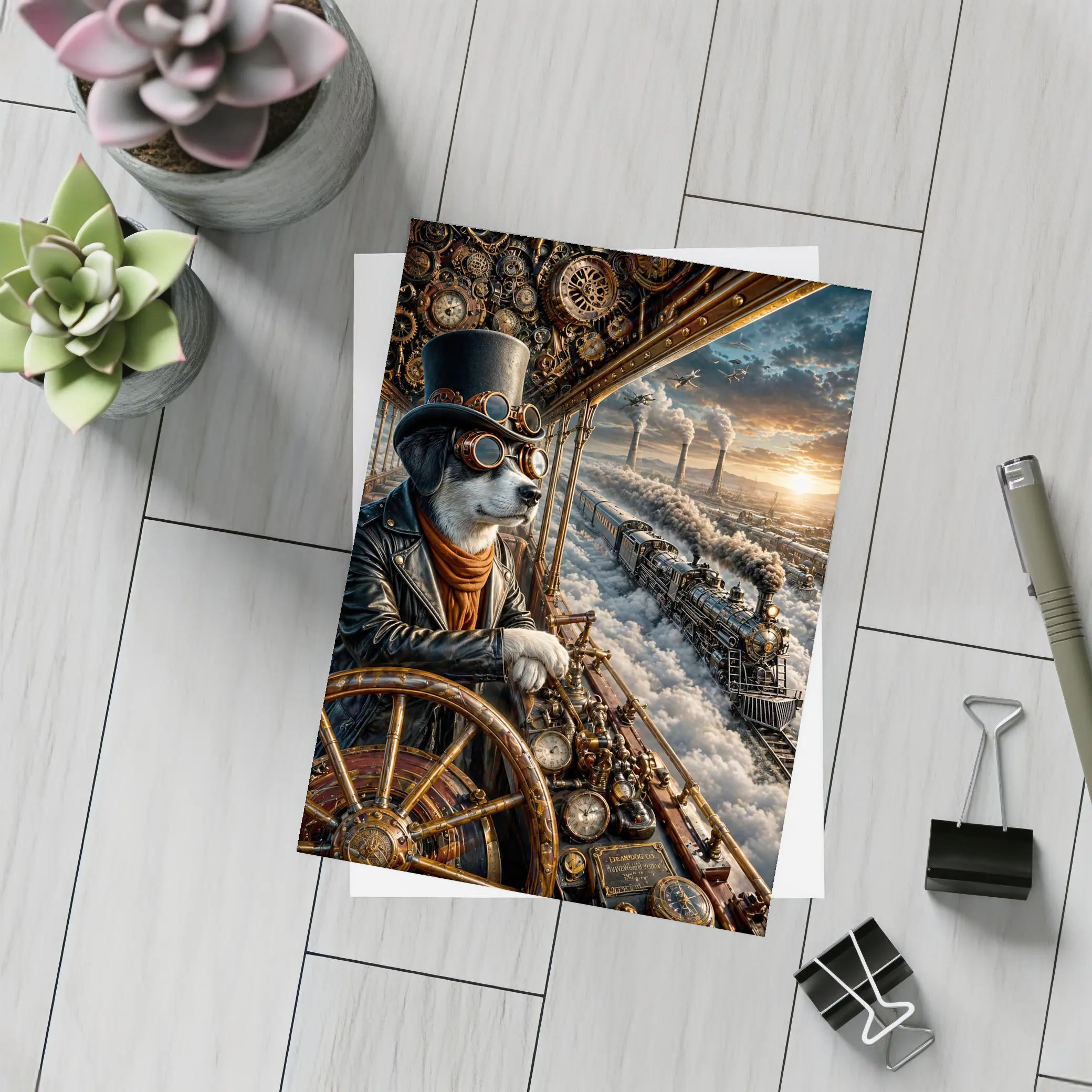Steampunk Dog Pilot Top Hat Steam Train – Postcards