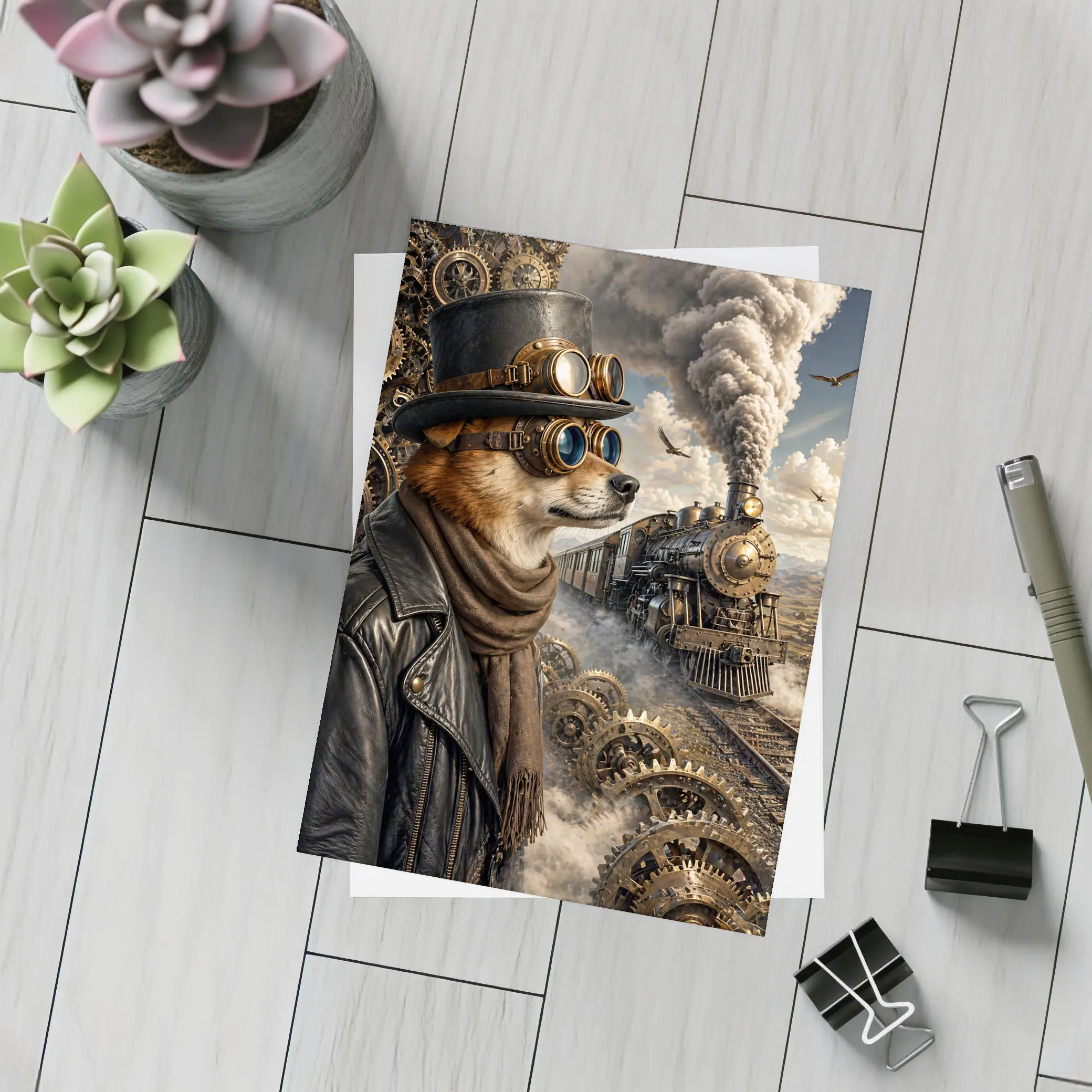 Steampunk Dog Top Hat Steam Train – Postcards