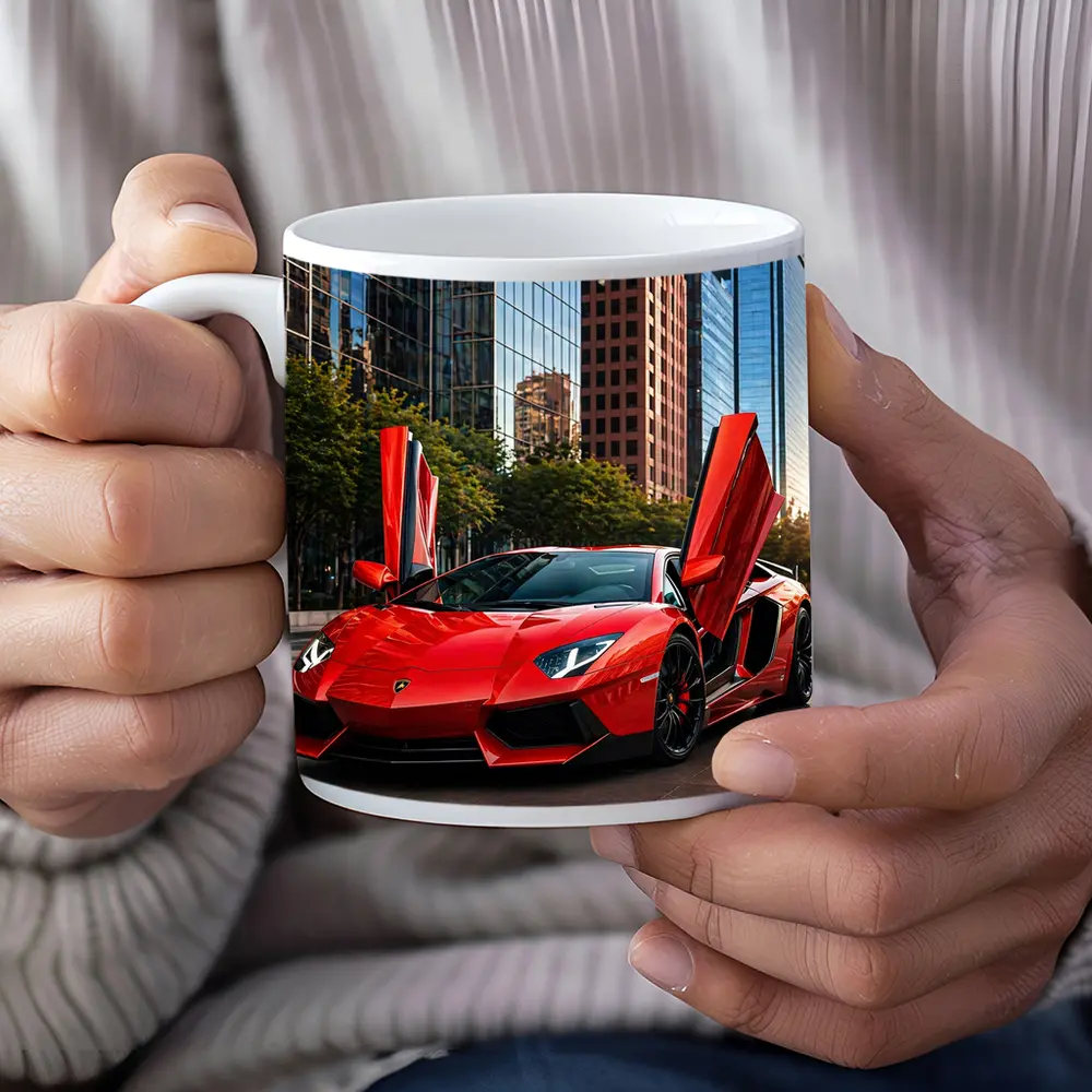 Red Lamborghini Aventador City Skyline Background – Mugs