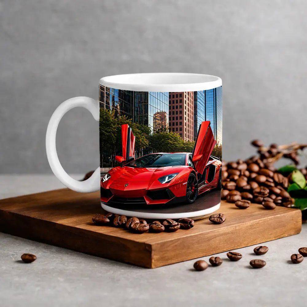 Red Lamborghini Aventador City Skyline Background – Mugs