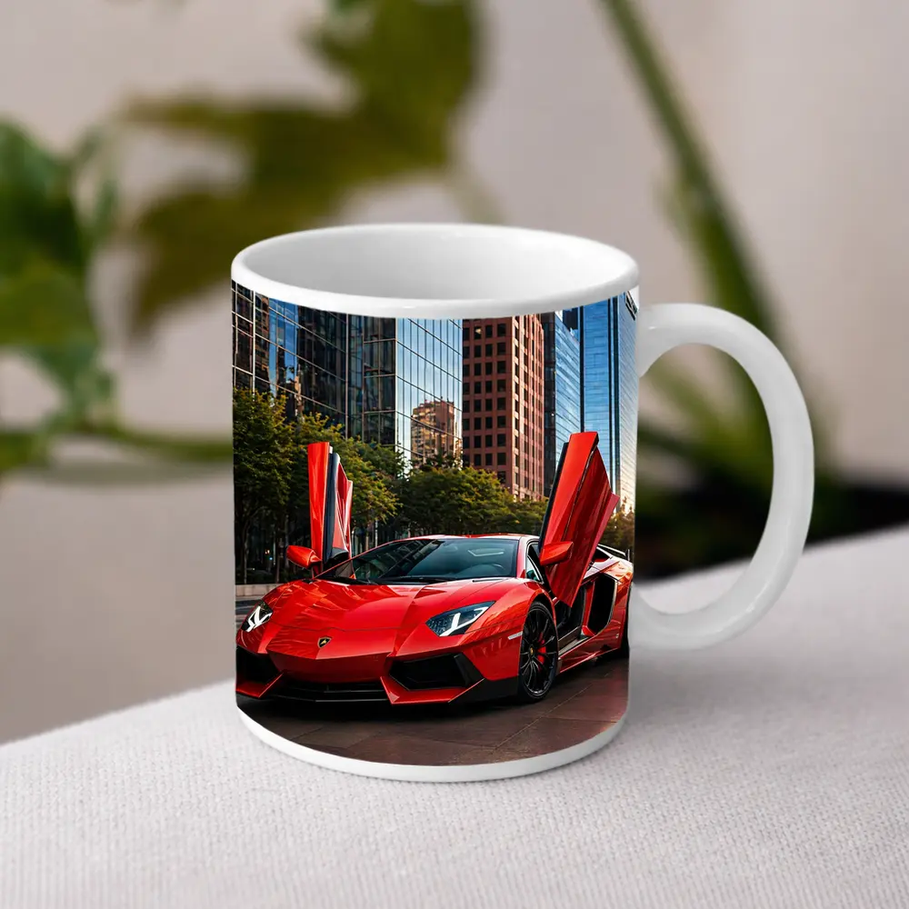 Red Lamborghini Aventador City Skyline Background – Mugs