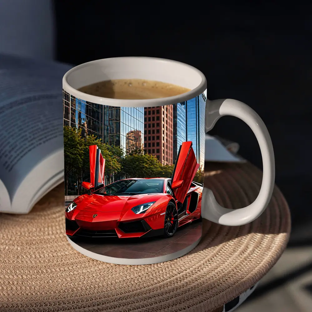 Red Lamborghini Aventador City Skyline Background – Mugs