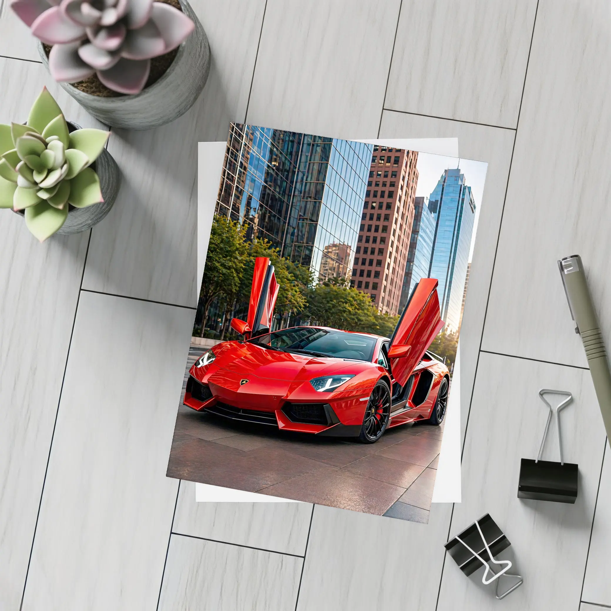 Red Lamborghini Aventador City Skyline Background – Postcards