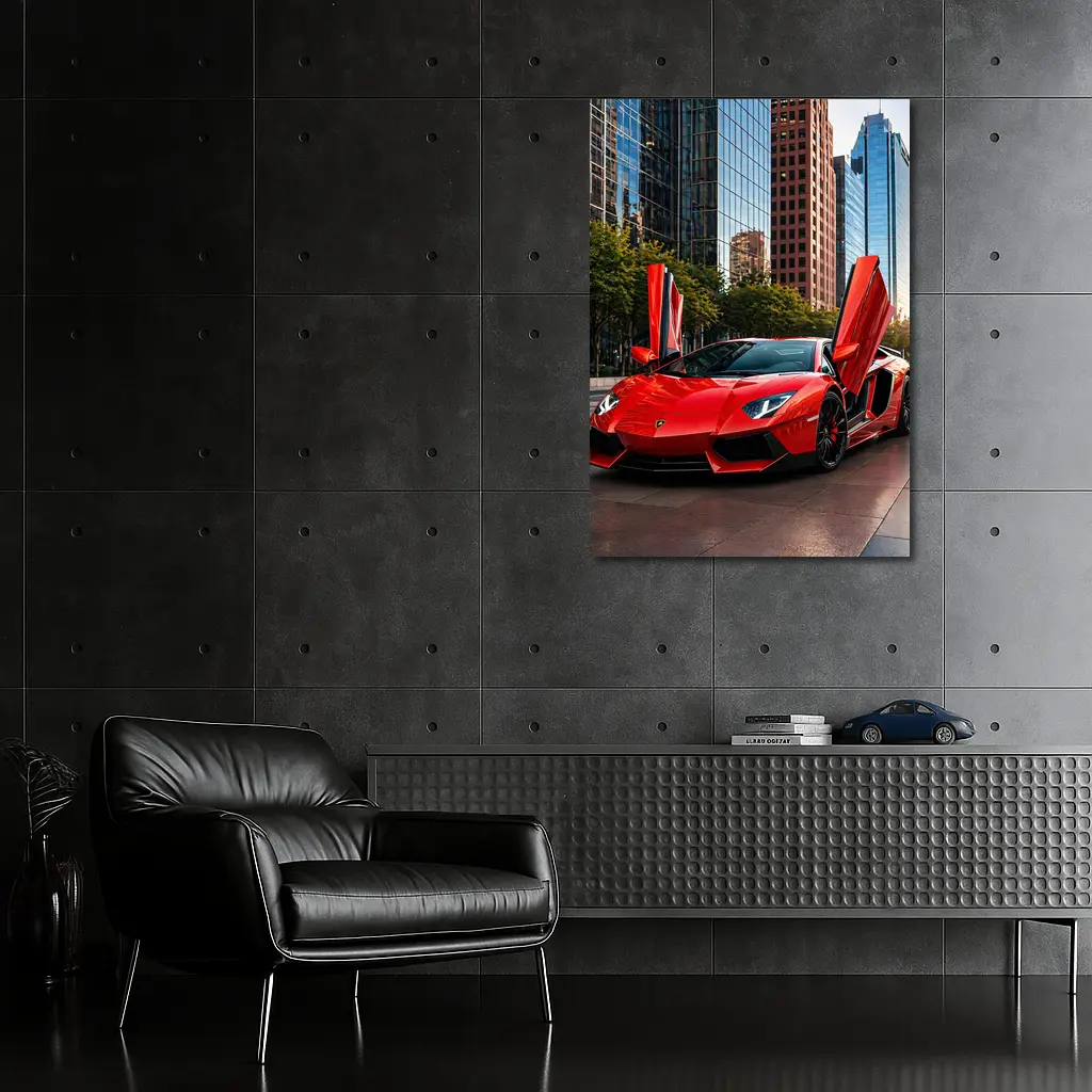 Red Lamborghini Aventador City Skyline Background – Wall Art