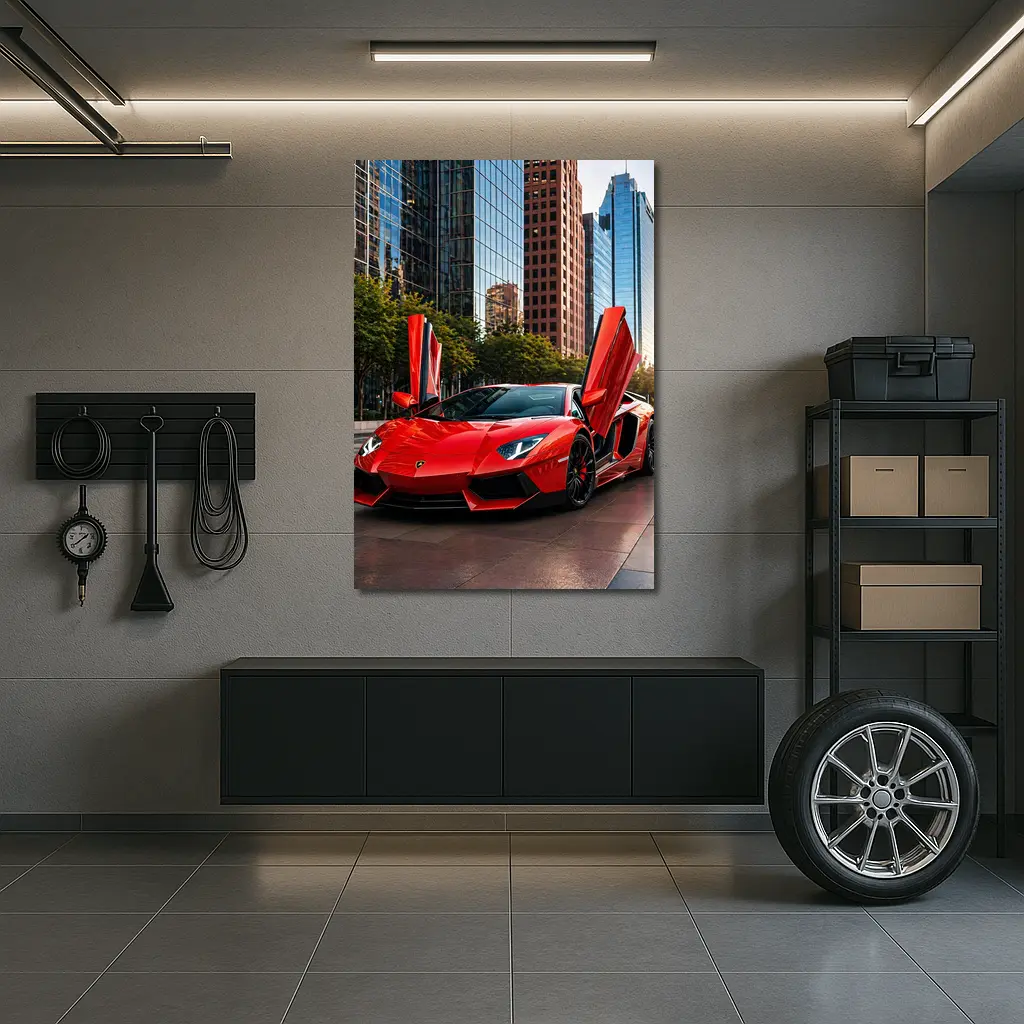 Red Lamborghini Aventador City Skyline Background – Wall Art