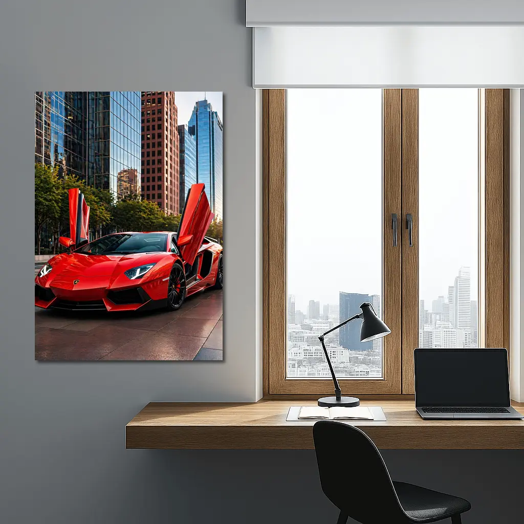 Red Lamborghini Aventador City Skyline Background – Wall Art