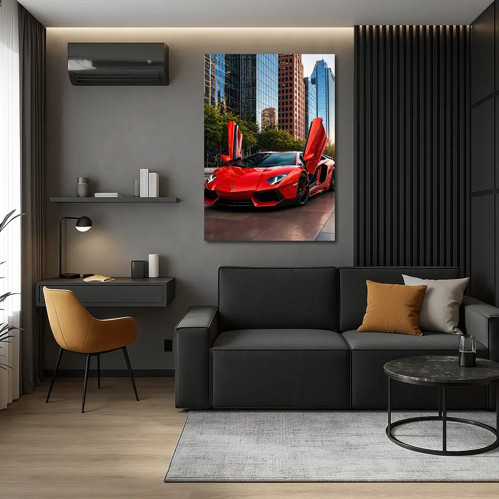 Red Lamborghini Aventador City Skyline Background – Wall Art