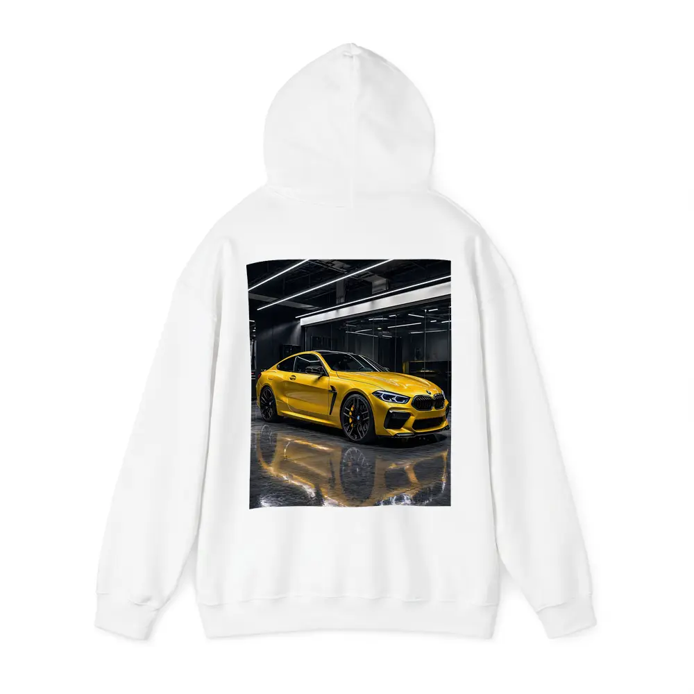 Yellow BMW M8 Parked in Dark Garage – Hoodies