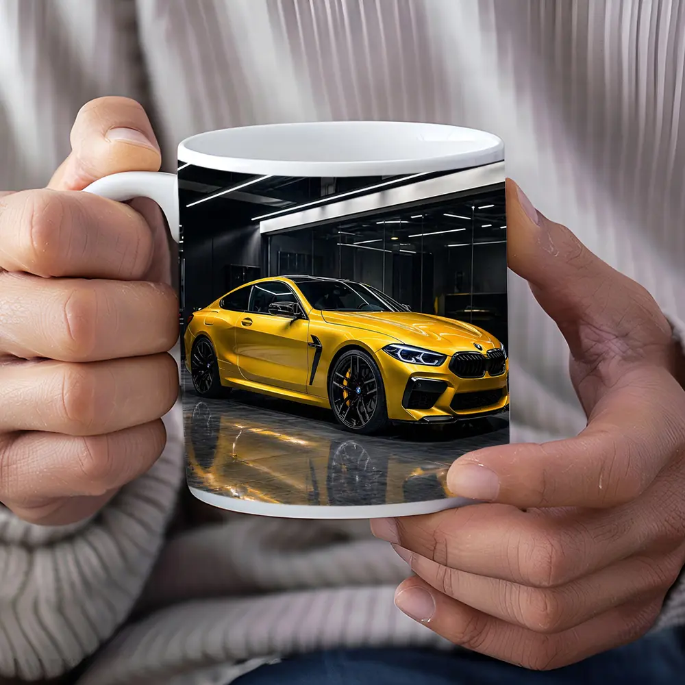 Yellow BMW M8 Parked in Dark Garage – Mugs