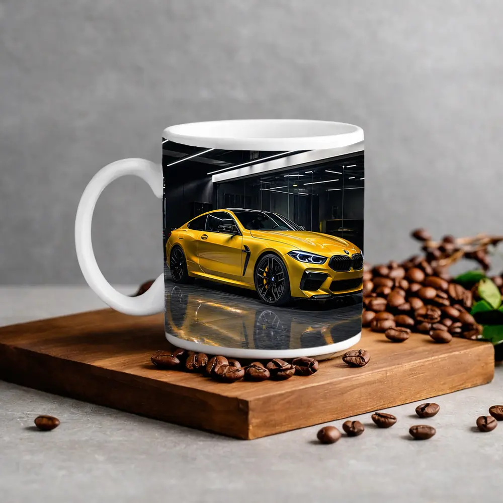Yellow BMW M8 Parked in Dark Garage – Mugs