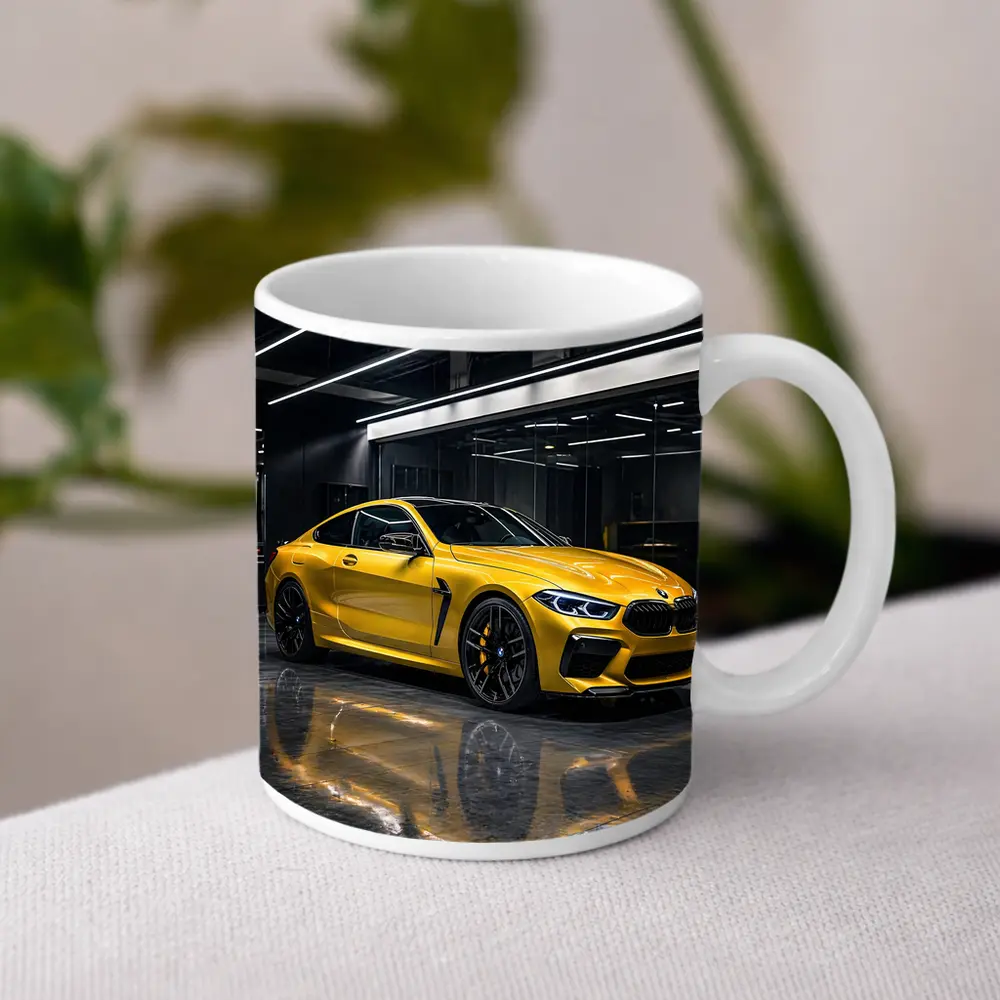 Yellow BMW M8 Parked in Dark Garage – Mugs