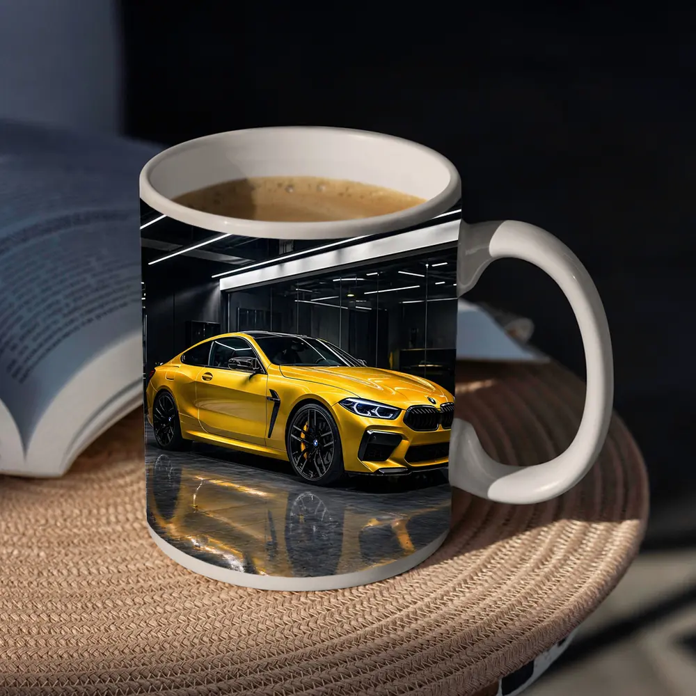 Yellow BMW M8 Parked in Dark Garage – Mugs