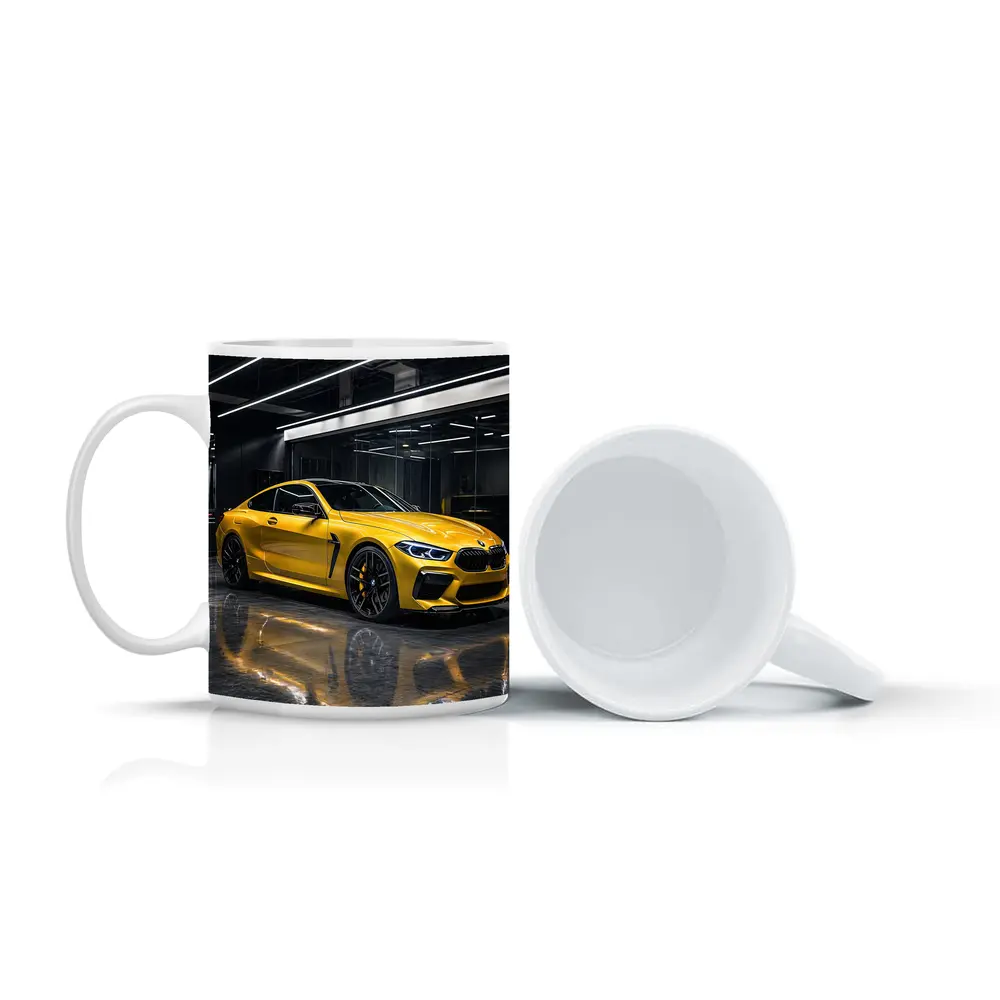 Yellow BMW M8 Parked in Dark Garage – Mugs