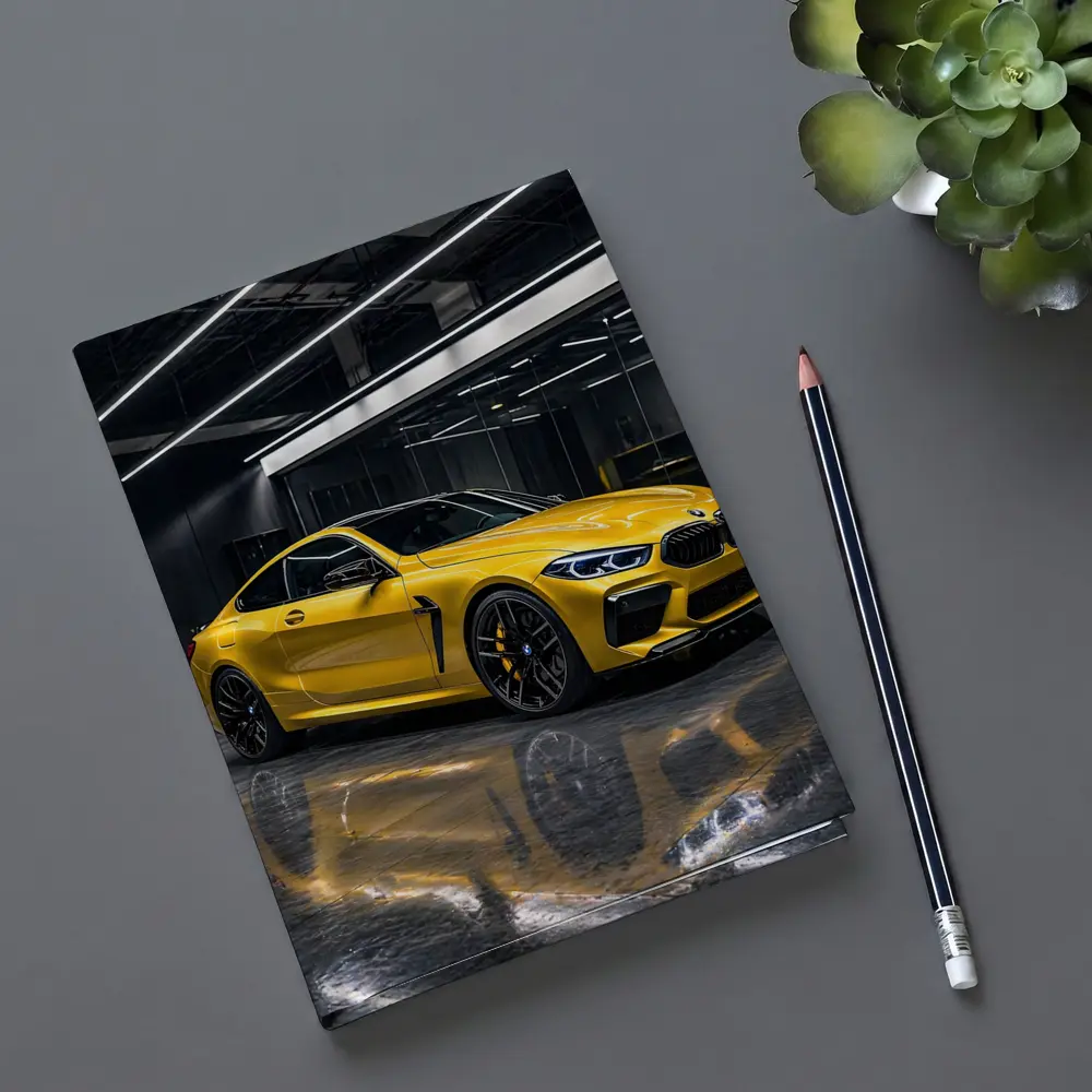 Yellow BMW M8 Parked in Dark Garage – Notebooks